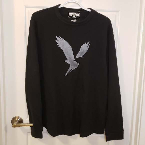 American Eagle Men's Black Grey Eagle Cuffed Long Sleeves Waffle Shirt -Size: XL - Picture 10 of 10